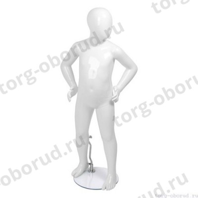 Манекен детский, стилизованный, белый глянец, для одежды в полный рост, на 4 года, стоячий, руки согнуты в локтях. MD-FRJ-04C-01G