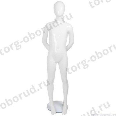 Манекен детский, стилизованный, белый глянец, для одежды в полный рост, на 8 лет, стоячий прямо, руки убраны за спину. MD-FRJ-07C-01G