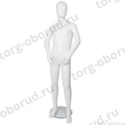 Манекен детский, стилизованный, белый глянец, для одежды в полный рост, на 8 лет, стоячий прямо, руки немного согнуты в локтях. MD-FRJ-08C-01G