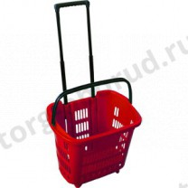 Корзина пластиковая на колёсах с выдвижной ручкой, для магазинов и торговых залов, объем 34л, цвет красный. MD-PLD-30-R
