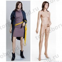 Манекен женский реалистичный телесный, с макияжем и париком, для одежды в полный рост, стоячий прямо с отставленной вбок правой ногой. MD-IM0102A3