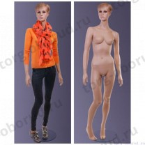 Манекен женский стилизованный, реалистичный телесный, с макияжем, для одежды в полный рост, стоячий прямо, классическая поза. MD-L-107