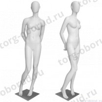 Манекен женский, белый, абстрактный, для одежды в полный рост на квадратной подставке, стоячий прямо, руки убраны за спину. MD-Bingo Type 02F-01M