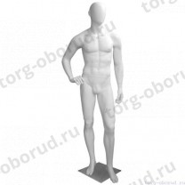 Манекен мужской, белый, абстрактный, для одежды в полный рост на квадратной подставке, стоячий прямо, правая рука согнута. MD-Bingo Type 32M-01M