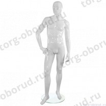 Манекен мужской, белый глянцевый, абстрактный, для одежды в полный рост на круглой подставке, стоячий прямо, правая рука согнута. MD-TANGO 31M-01G