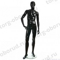 Манекен мужской, черный глянцевый, абстрактный, для одежды в полный рост на круглой подставке, стоячий прямо, правая рука согнута. MD-TANGO 31M-02G