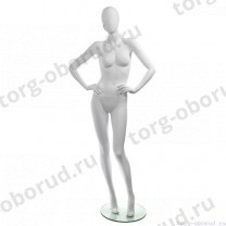 Манекен женский, белый, абстрактный, для одежды в полный рост на круглой подставке, стоячий прямо, руки согнуты в локтях. MD-RETRO 09F-01M