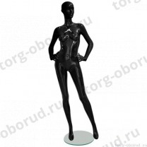 Манекен женский, черный глянцевый, абстрактный, для одежды в полный рост на круглой подставке, стоячий прямо, руки согнуты в локтях. MD-EGO 01F-02G