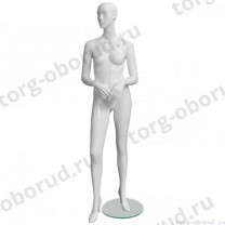Манекен женский, белый глянцевый, абстрактный, для одежды в полный рост на круглой подставке, стоячий прямо, руки согнуты в локтях. MD-EGO 02F-01G