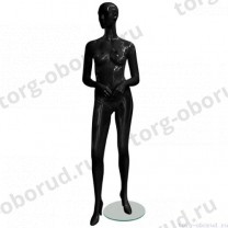 Манекен женский, черный глянцевый, абстрактный, для одежды в полный рост на круглой подставке, стоячий прямо, руки согнуты в локтях. MD-EGO 02F-02G