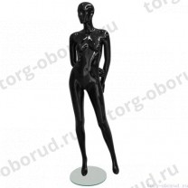 Манекен женский, черный глянцевый, абстрактный, для одежды в полный рост на круглой подставке, стоячий, руки убраны за спину. MD-EGO 06F-02G