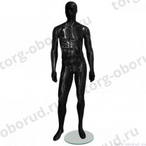Манекен мужской, черный глянцевый, абстрактный, для одежды в полный рост на круглой подставке, стоячий прямо, классическая поза. MD-EGO 30M-02G