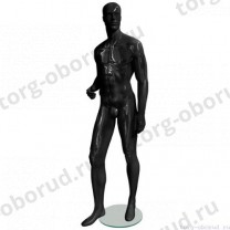 Манекен мужской, черный глянцевый, абстрактный, для одежды в полный рост на круглой подставке, стоячий в пол-оборота. MD-EGO 31M-02G