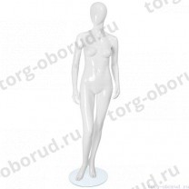 Манекен женский, белый глянцевый, абстрактный, для одежды в полный рост на круглой подставке, стоячий прямо, классическая поза. MD-FR-01F-01G