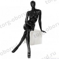 Манекен женский, абстрактный, для одежды в полный рост, цвет черный глянец, сидячий, ноги скрещены. MD-Glance 15