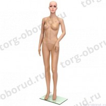 Манекен женский, пластиковый, с макияжем, телесного цвета, для одежды в полный рост, стоячий прямо, левая рука согнута в локте. MD-F-3
