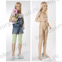 Манекен детский (девочка), реалистичный телесный (парик отдельно), для одежды в полный рост на 10 лет, стоячий прямо, правая рука согута. MD-Young 09