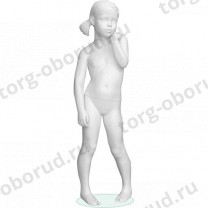 Манекен детский (девочка), скульптурный, белого цвета, для одежды в полный рост, на 4 года, стоячий прямо, левая рука поднята к лицу. MD-Peppy 17-01M