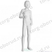 Манекен детский (девочка), скульптурный, белого цвета, для одежды в полный рост, на 10 лет, стоячий прямо, правая рука согнута. MD-Peppy 09-01M